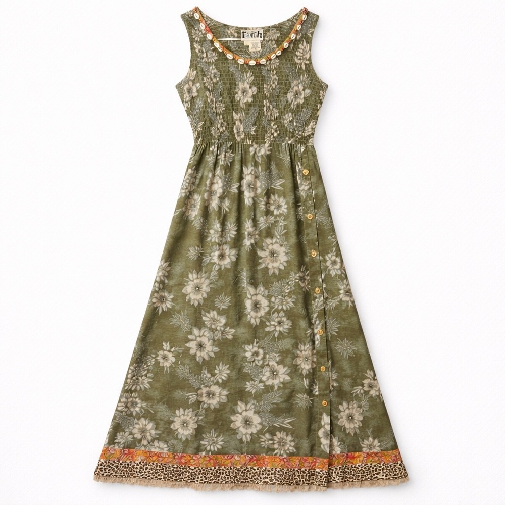 Faith‎ Celia Forrester Boho Tropical Smocked Maxi Dress Medium Green Cottagecore
